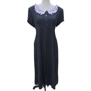 Vintage Black Cottagecore  Dress with Crochet Lace Collar Rose Details